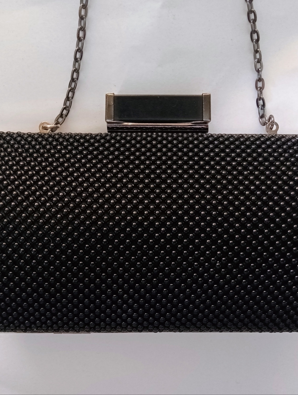 Jessica McClintock Womens Christiana Black Beaded Mesh Clutch Gunmetal Chain EUC - Picture 3 of 9